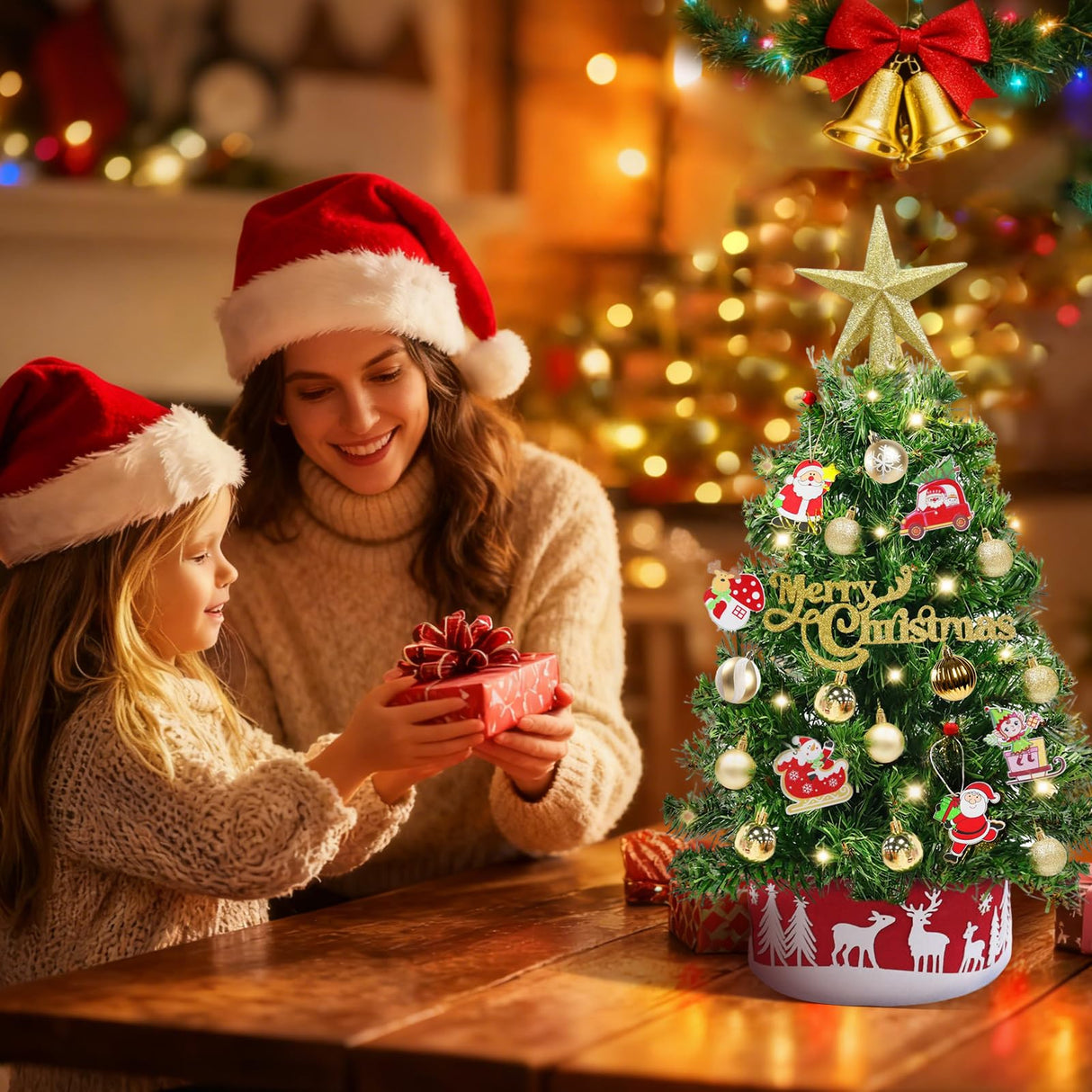 Grandeal 24" /2FT Mini Christmas Tree with Lights Timer 30 LEDs & 34 Ornaments, Small Tabletop Christmas Trees Artificial Christmas Decorations for Indoor Desk Room Office Home Decor Xmas Grandeal