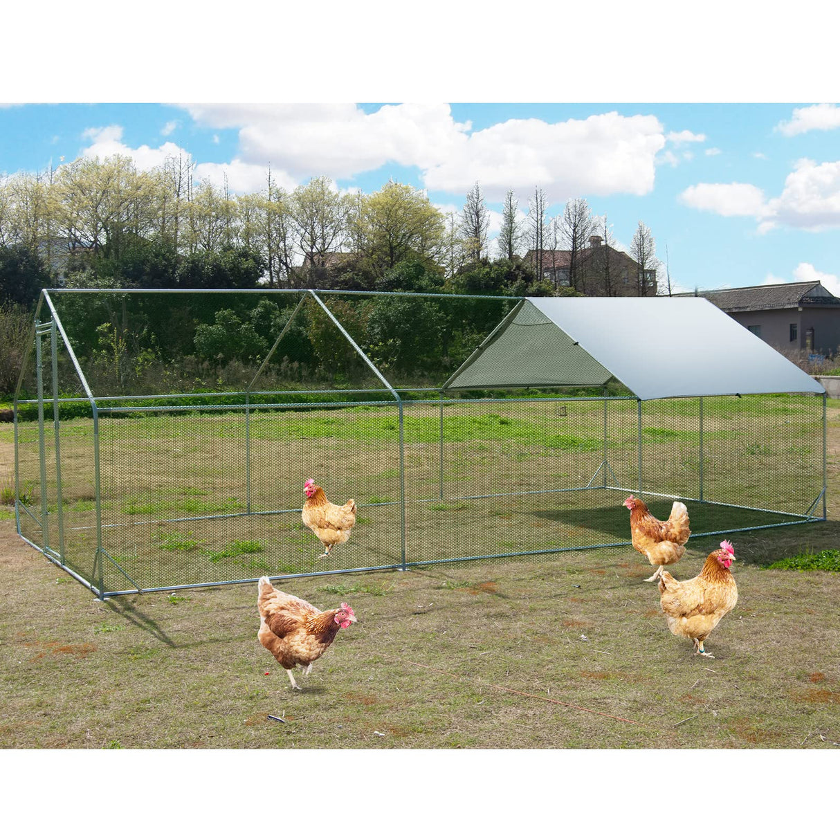 Large Metal Chicken Coop Walk-in Poultry Cage Hen Run House Habitat Spire Shaped Cage with Waterproof and Anti-Ultraviolet Cover for Outdoor Backyard Farm Use (19.68’ L×9.84’ W) Polar Aurora