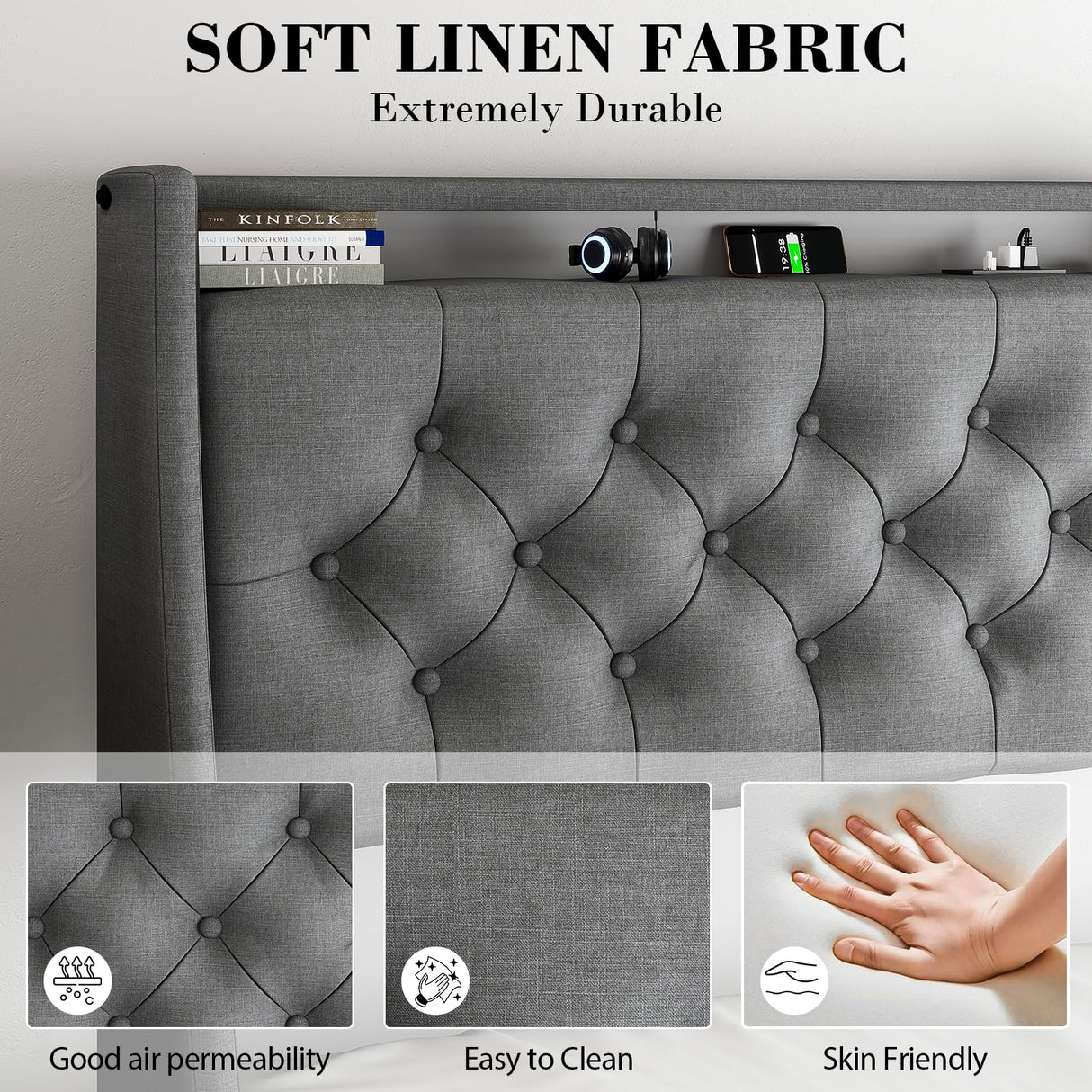 Doltoro Queen Size Bed Frame with 4 Storage Drawers, LED Lights, and Charging Station Doltoro