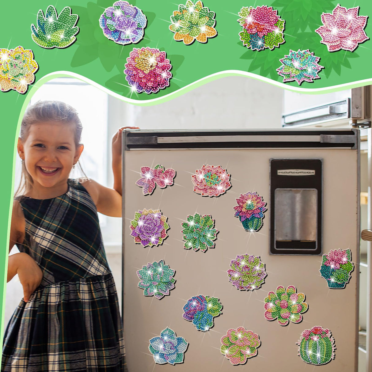 Remuuly 30 Pcs Diamond Painting Magnets Summer Diamond Art Magnet Kits for Adults Spring Flower Animal Cupcake 5D Rhinestones Refrigerator Magnetic Stickers for Fridge DIY Crafts Gifts(Succulents) Remuuly
