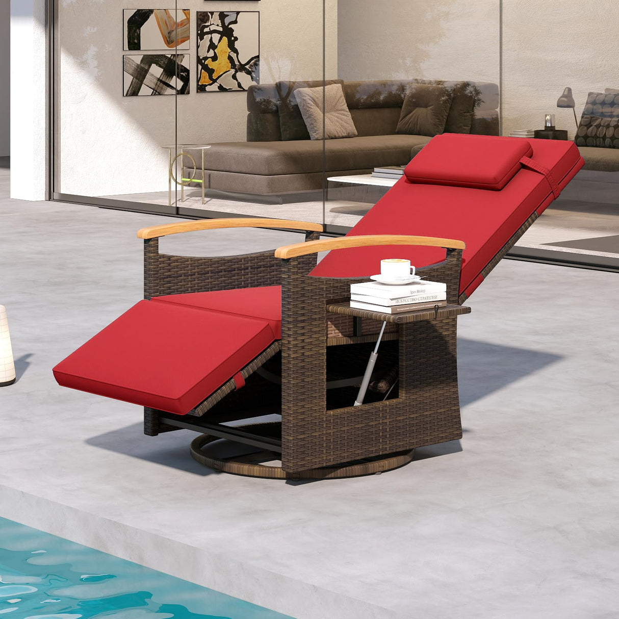 Tangkula Patio Rattan 360 Degree Swivel Recliner Chair, Wicker Lounge Chair w/Adjustable Backrest & Footrest, Cushioned Push Back Reclining Seat w/Flip Side Table for Porch, Yard, Lawn (Red,2) Tangkula