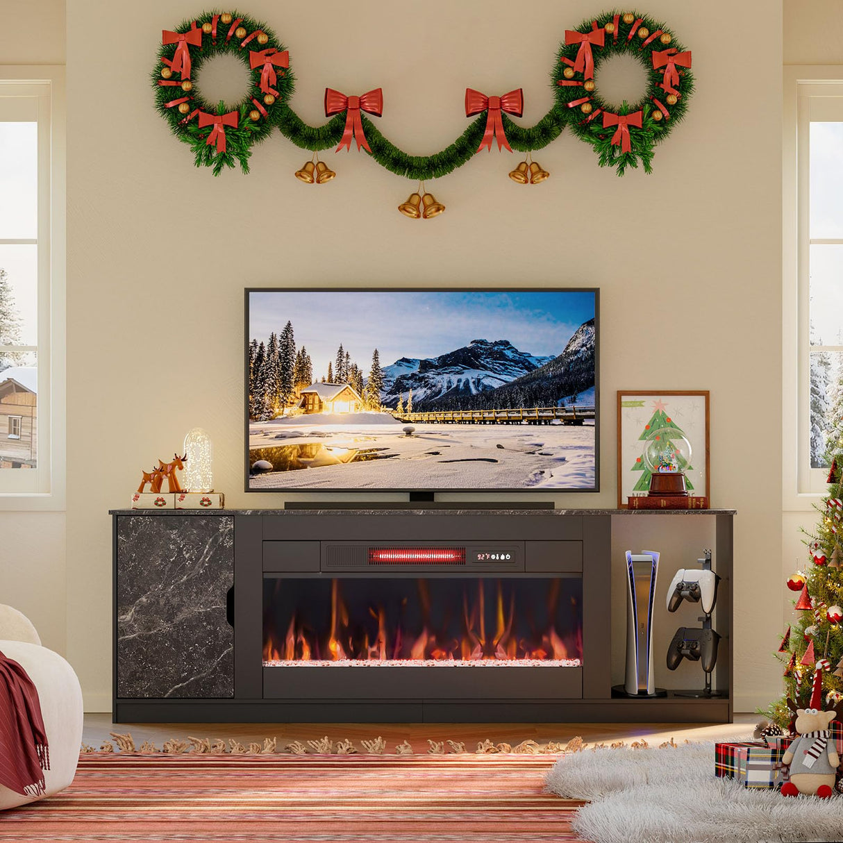 Bestier 70" Fireplace TV Stand for 80" TV with Storage Cabinet, Modern PS5 Entertainment Center with 36" Electric Fireplace, Open Storage Shelve for Living Room Black Marble Bestier