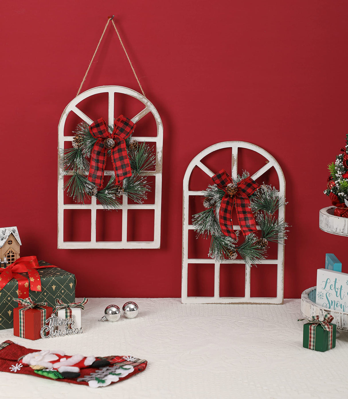 NEWLIGHTURE Wood Christmas Holiday Wall Hanging Indoor Outdoor Decorations Rustic Christmas Window Plaque Signs Wooden Arch with Wreath Christmas Home Party (Red-Black) NEWLIGHTURE