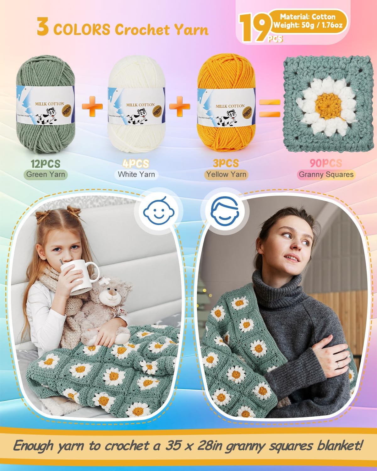 Coopay Crochet Starter Kit for Blanket, Granny Squares & Instructions, Easy Learn to Crochet for Beginners Coopay