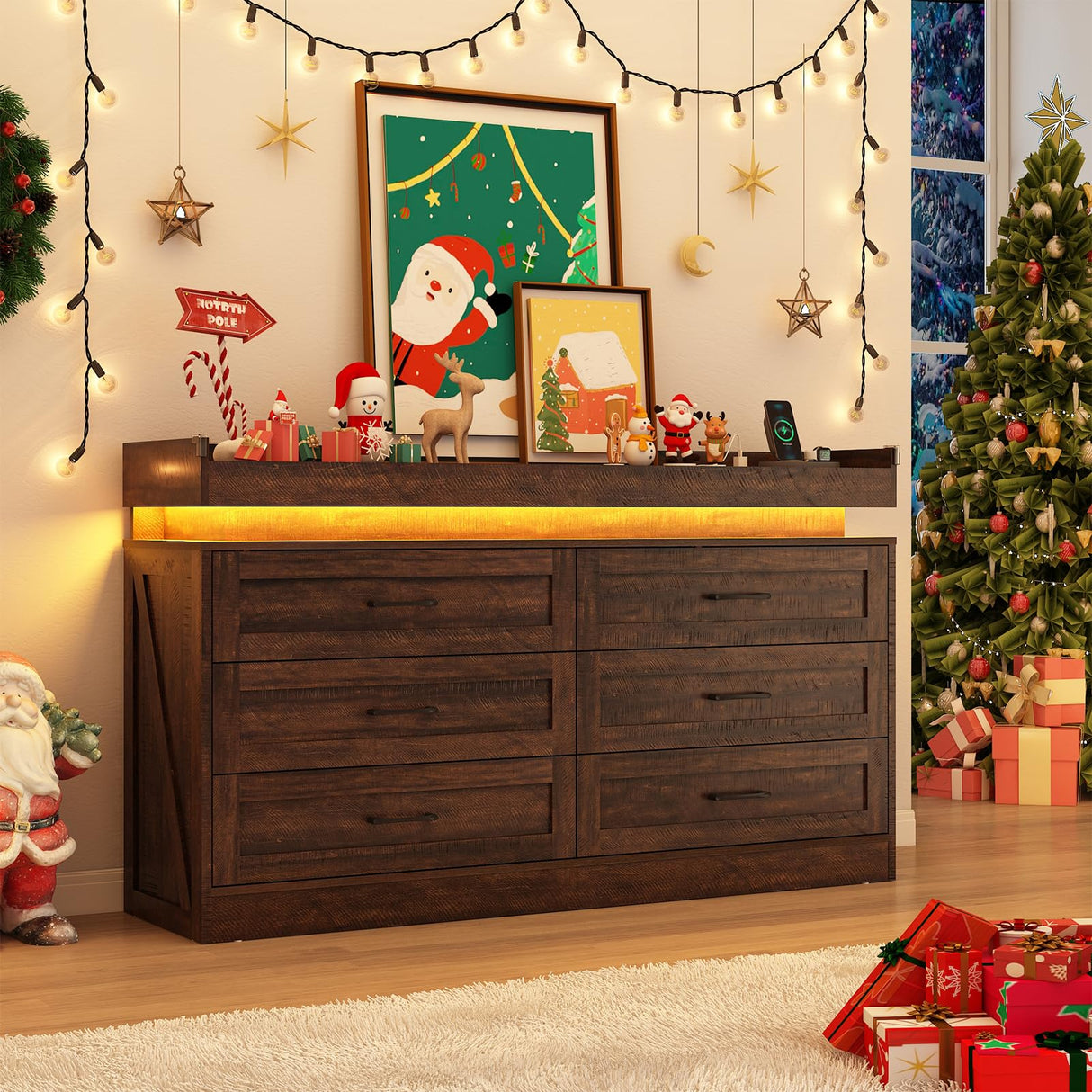 Hlivelood 59" Large Farmhouse 6 Drawers Dresser for Bedroom,Wide Wood Rustic 6 Chests of Drawers for Closet, with LED Light and Power Outlets,Tall Storage Dresser Organizer for Bedroom(Antique Brown) Hlivelood