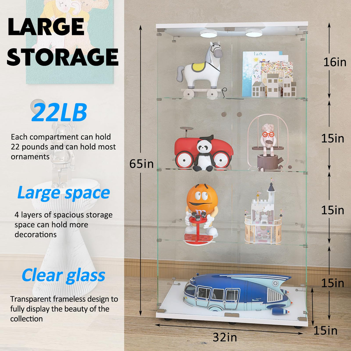 Glass Display Case for Collectibles, Double Door 4 Shelves Lockable Curio Cabinet with LED Lights, Clear Tempered Glass Showcase Cabinet for Home Office Retail Store,13.5" D x 31" W x 65" H,White Fetuero