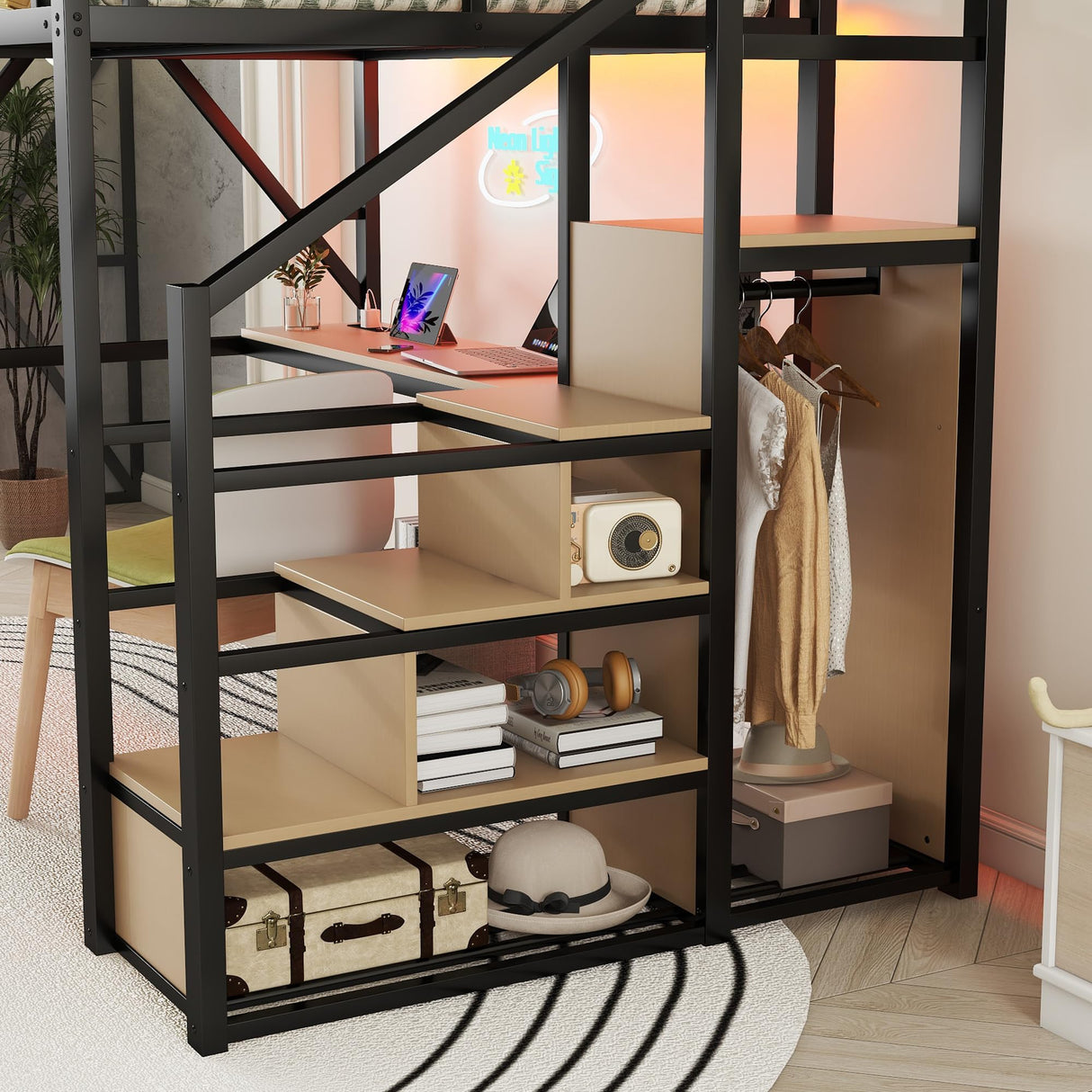 KEIKI Queen Loft Bed with Desk, USB Charging Station, Stairs, and Built-in Storage Shelves for Kids & Teens, Black KEIKI