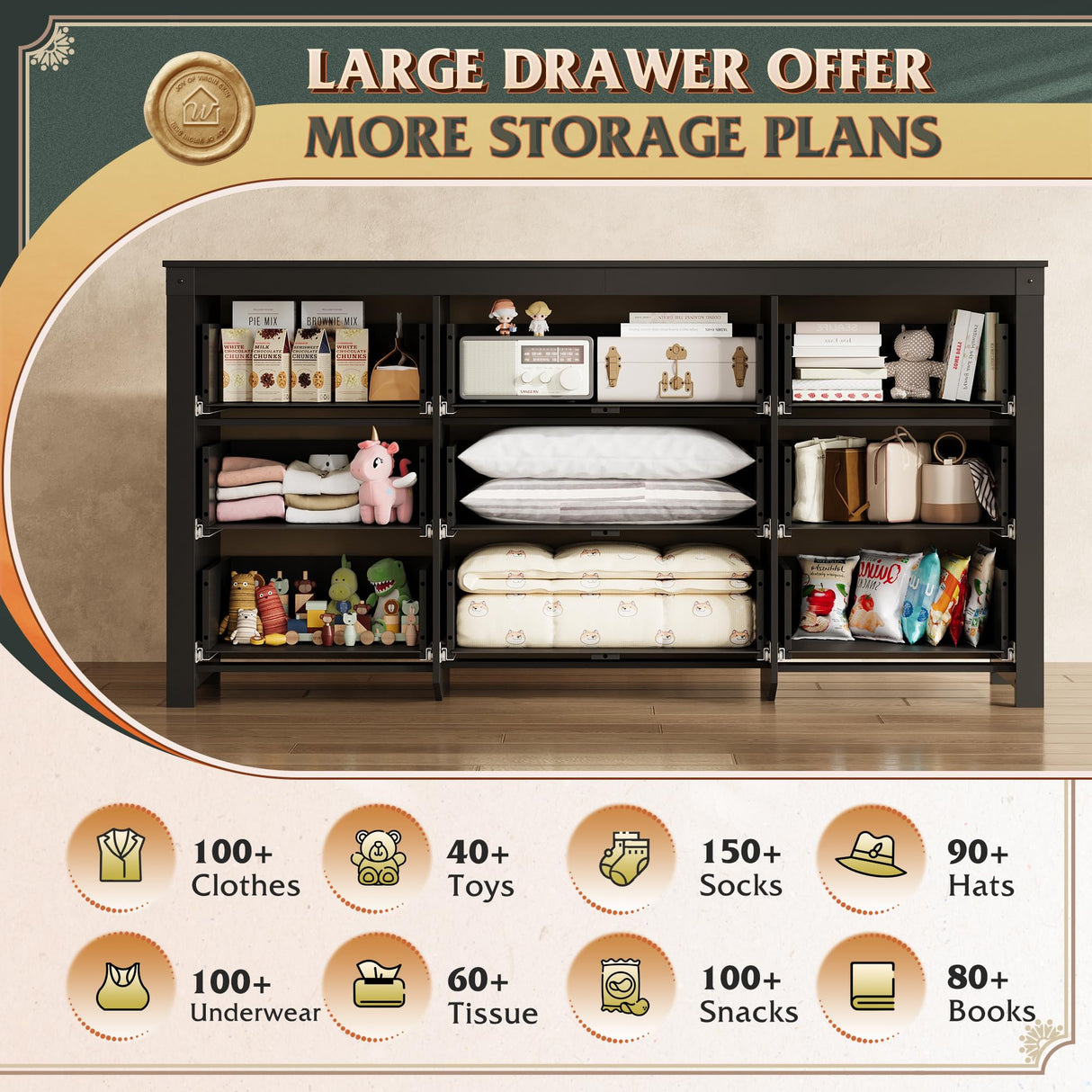 WLIVE Farmhouse 9 Drawer Dresser, 63" Wide Dresser Storage Organizer, Wood Dresser for Bedroom,TV Stand for 70 inch TV, Chest of Drawers for Living Room, Hallway, Ball Bearing Slide (Black) WLIVE