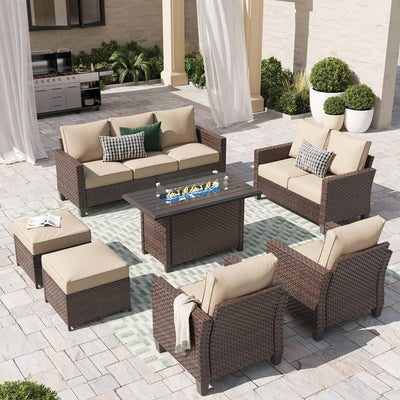 SUNSITT Outdoor Patio Furniture Set with Fire Pit Table 7 Piece Wicker Conversation Set with 43in Propane Firepit Sectional Dining Set 3 Seat Sofa Couch with Ottoman, Brown Wicker & Beige Cushion