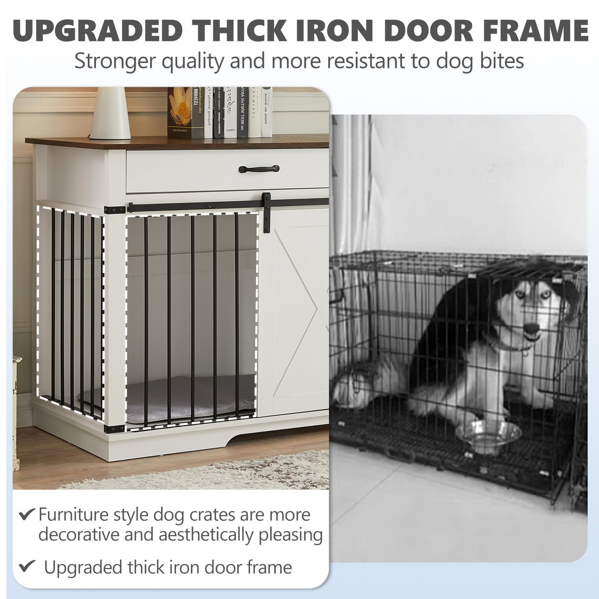 KACVON 37.8" Dog Crate Furniture - Indoor Wooden Dog Kennel Furniture with Sliding Barn Door and Storage Drawer, White KACVON