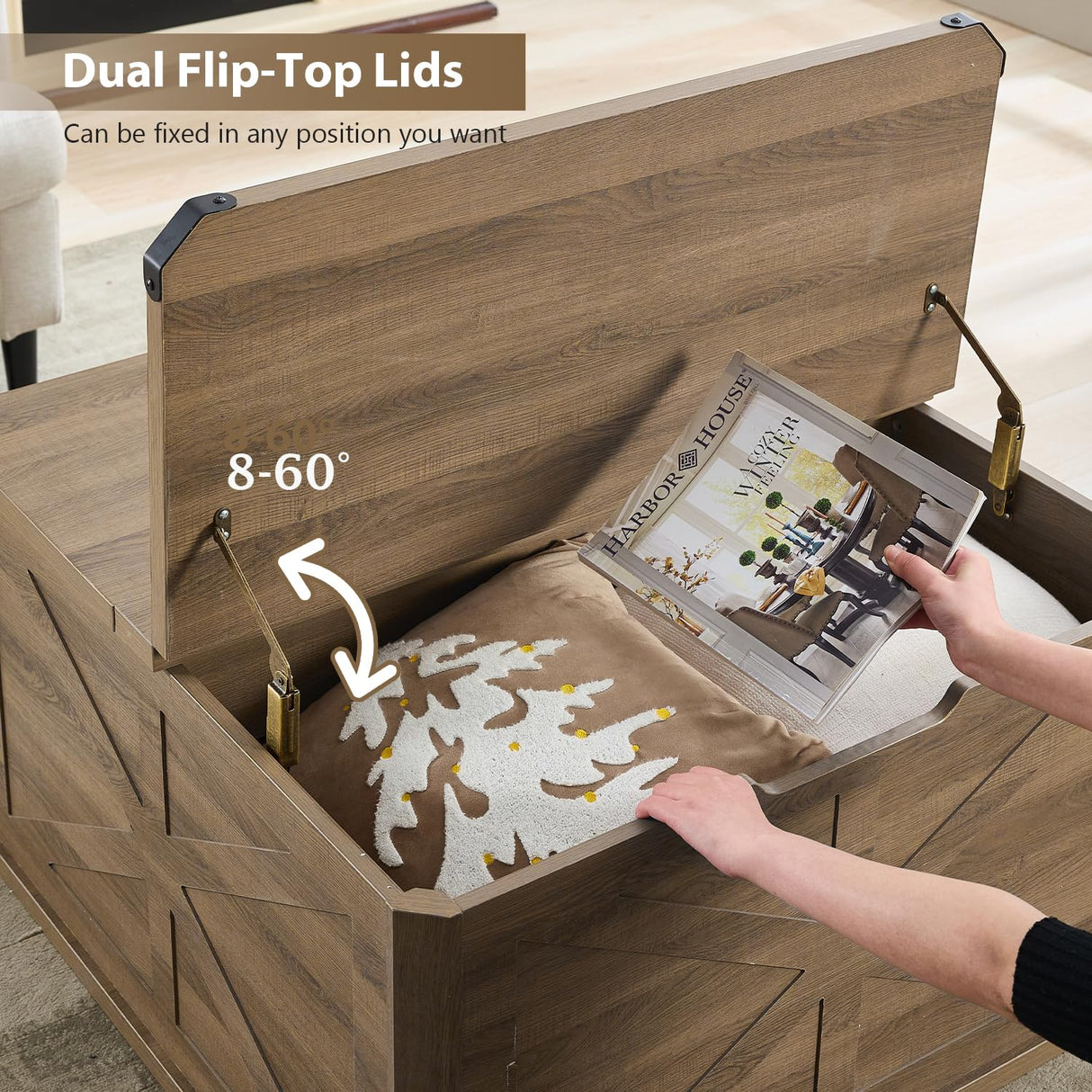 LINLUX Modern Farmhouse Coffee Table with Storage, Large Square Storage Coffee Tables, Rustic Wood Center Table with Flip-Top, Metal Corners, Brown LINLUX