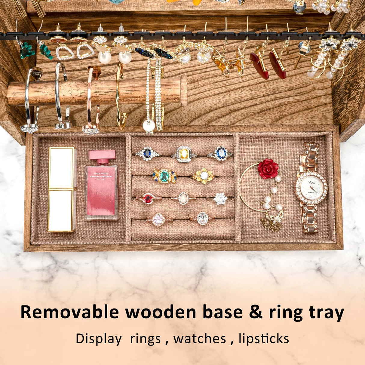 DGWJSU Jewelry Organizer Stand, 5 Layer Earring Holder Organizer with Necklace Holder, Rustic Wood Earring Organizer Display for Stud Earring Bracelet Necklace Ring, Watches DGWJSU