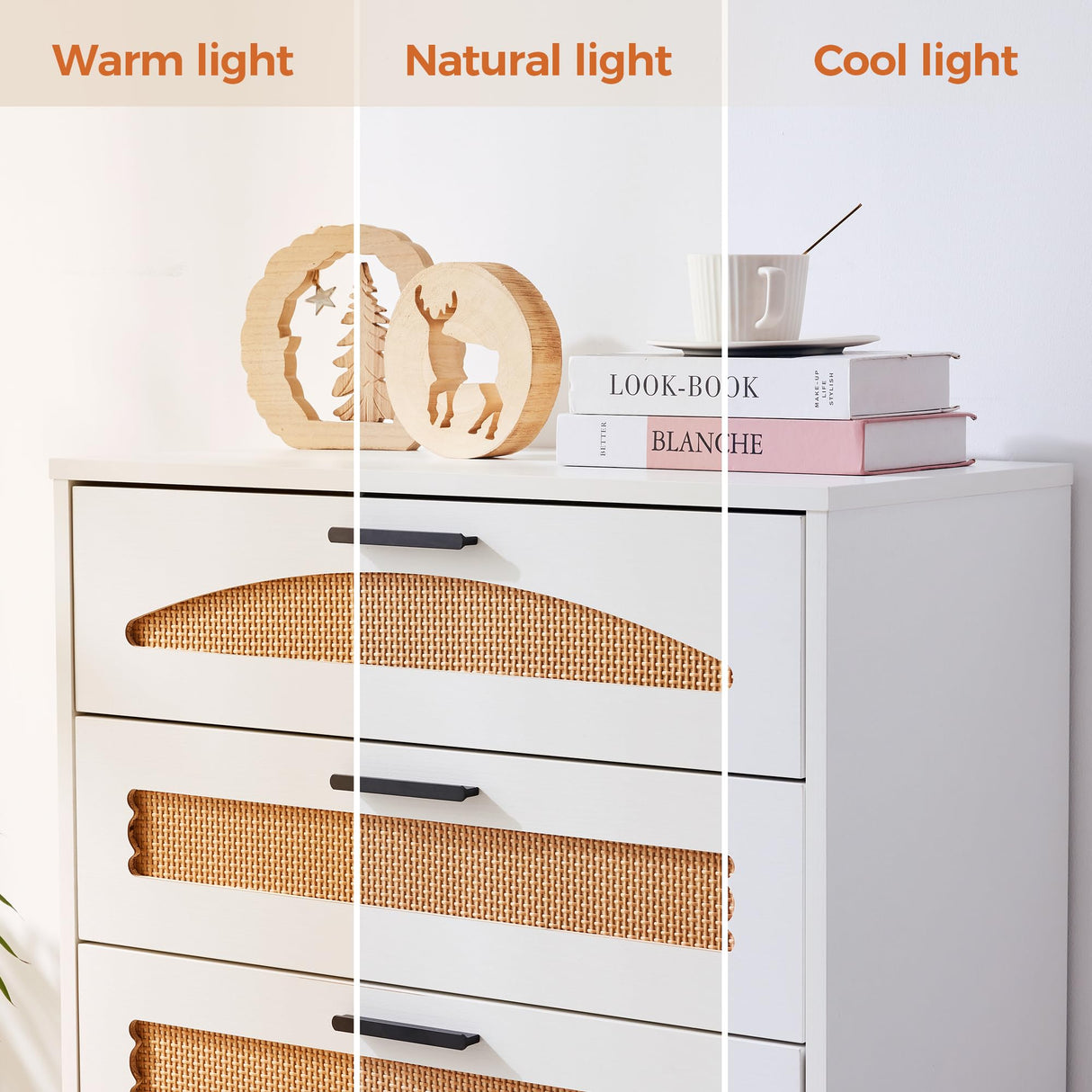 Mericonia 5 Drawer Rattan Dresser for Bedroom, Wood Tall Dresser for Closet with Metal Handles, Boho Nightstand Sets, Dressers & Chests of Drawers for Bedroom, Hallway and Entryway, White Mericonia