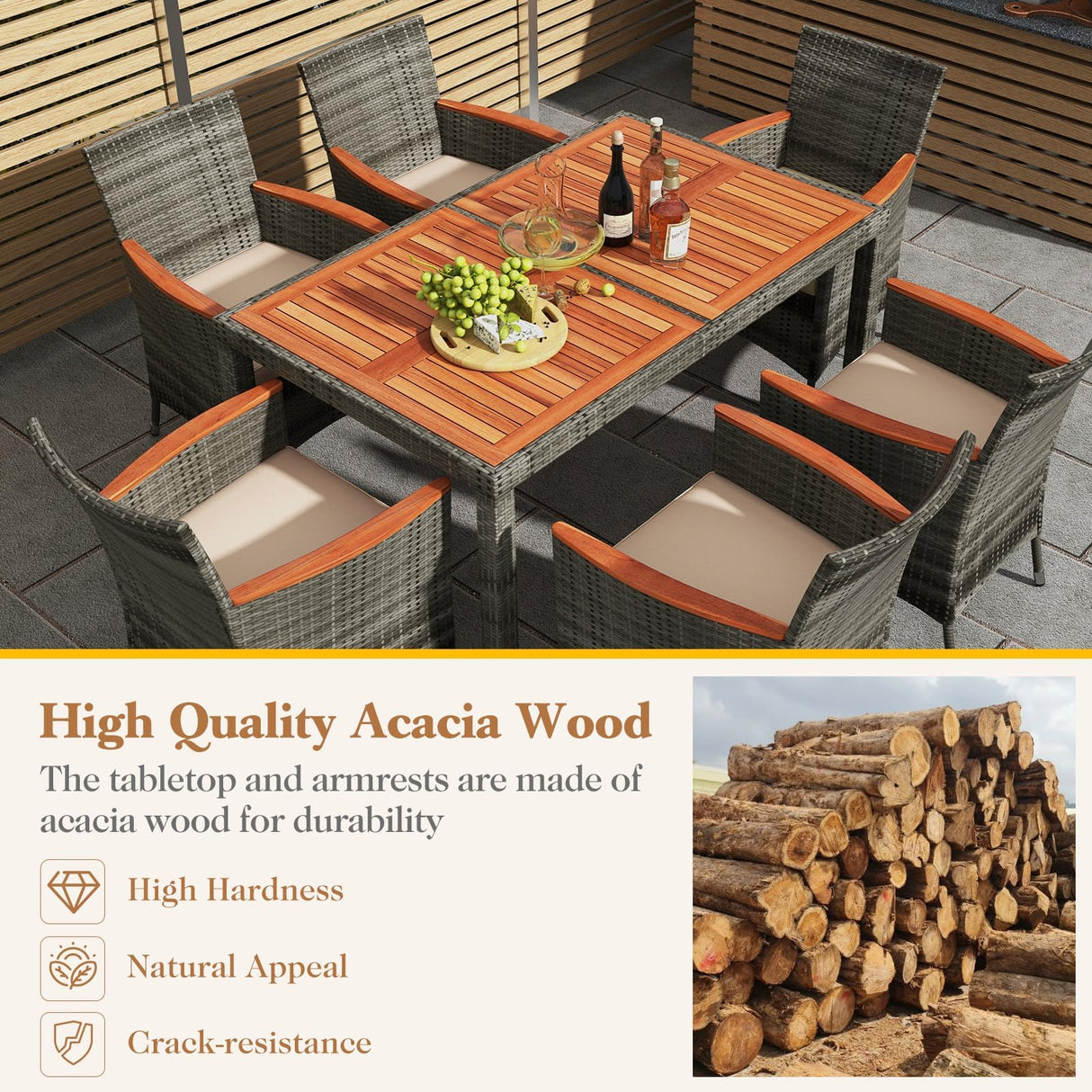 HAPPYGRILL 7 Piece Patio Rattan Dining Set Outdoor Wicker Chair & Table Set, Acacia Wood Tabletop & Armrests, Seat Cushions Included, Space-Saving Dining Set for Poolside Backyard Garden HAPPYGRILL