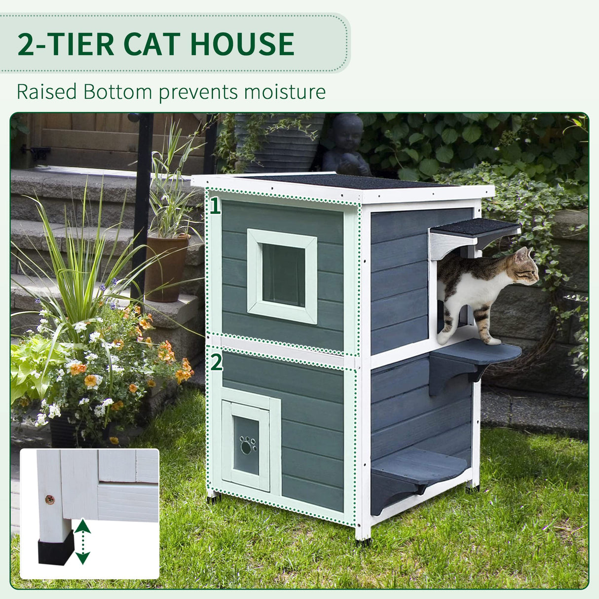 PawHut Outdoor Cat House with Escape Door, Weatherproof 2-Story Wooden Feral Cat Shelter with Opening Asphalt Roof, Dark Gray PawHut