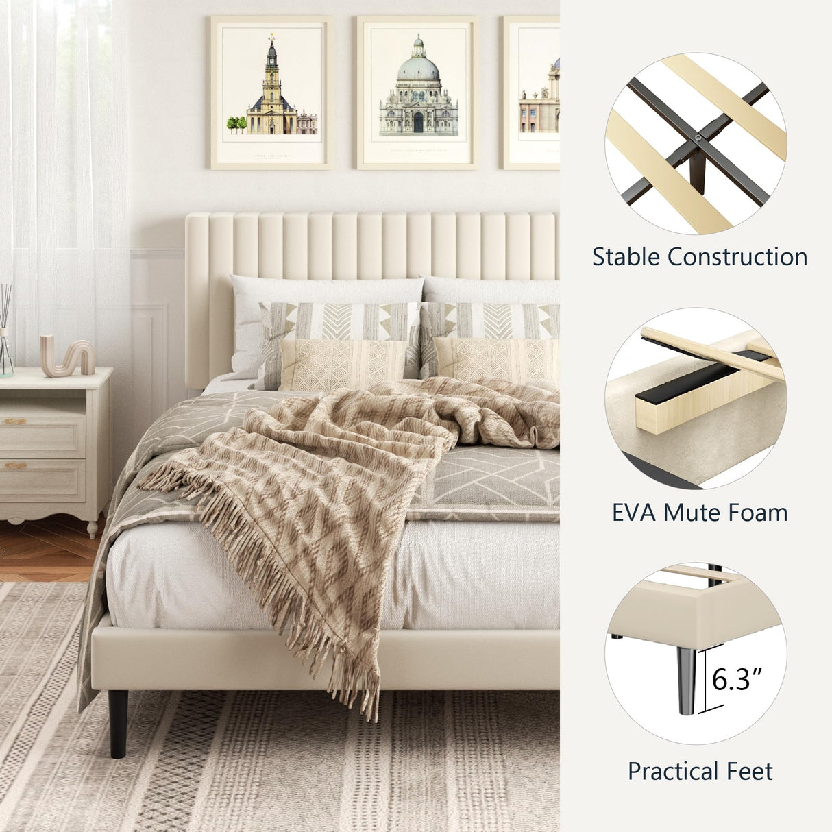 HAOARA Full Size Platform Bed Frame with Velvet Upholstered Headboard, Full Bed Frame with Strong Wood Slats, Mattress Foundation, Box Spring Optional, Easy Assembly, Beige HAOARA