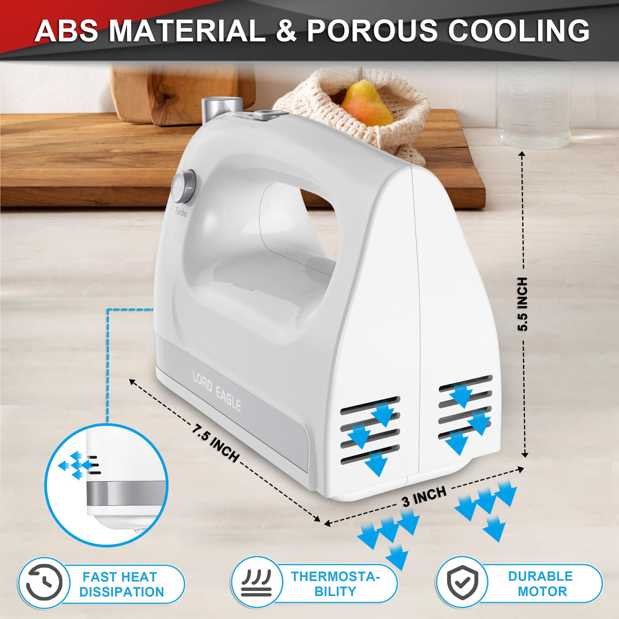 Lord Eagle Hand Mixer Electric 400W, 5 Speed handheld Mixer, 5 Stainless Steel Accessories for Baking Cake Egg Cream Food Beater, Turbo Boost/Self-Control Speed + Eject Button (White) Lord Eagle