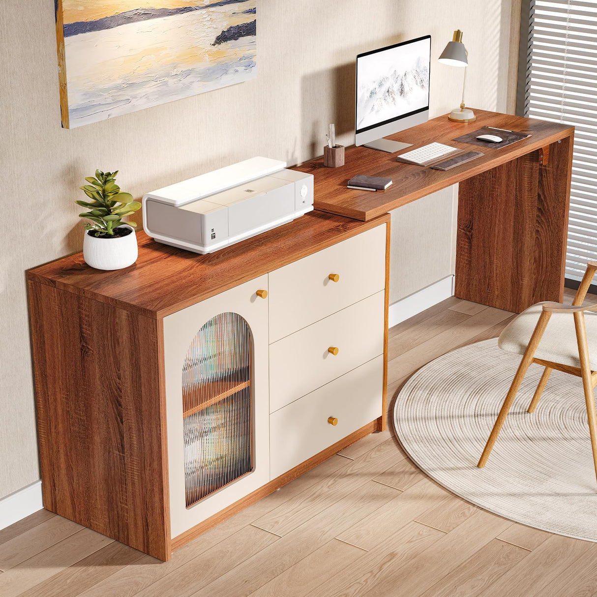 LITTLE TREE L-Shape Computer Desk, Corner Desk Writing Desk Study Desk with File Cabinet, Extendable PC Study Desk Corner Table, Home Office Corner Desk, Easy to Assemble, Brown LITTLE TREE