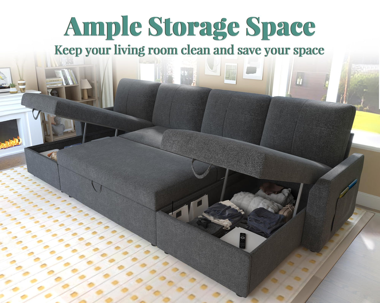 VanAcc Sleeper Sofa, 110 inch Oversize - 2 in 1 Pull Out Bed, Sectional Sleeper Sofa with Double Storage Chaise for Living Room, Grey Linen Couch VanAcc