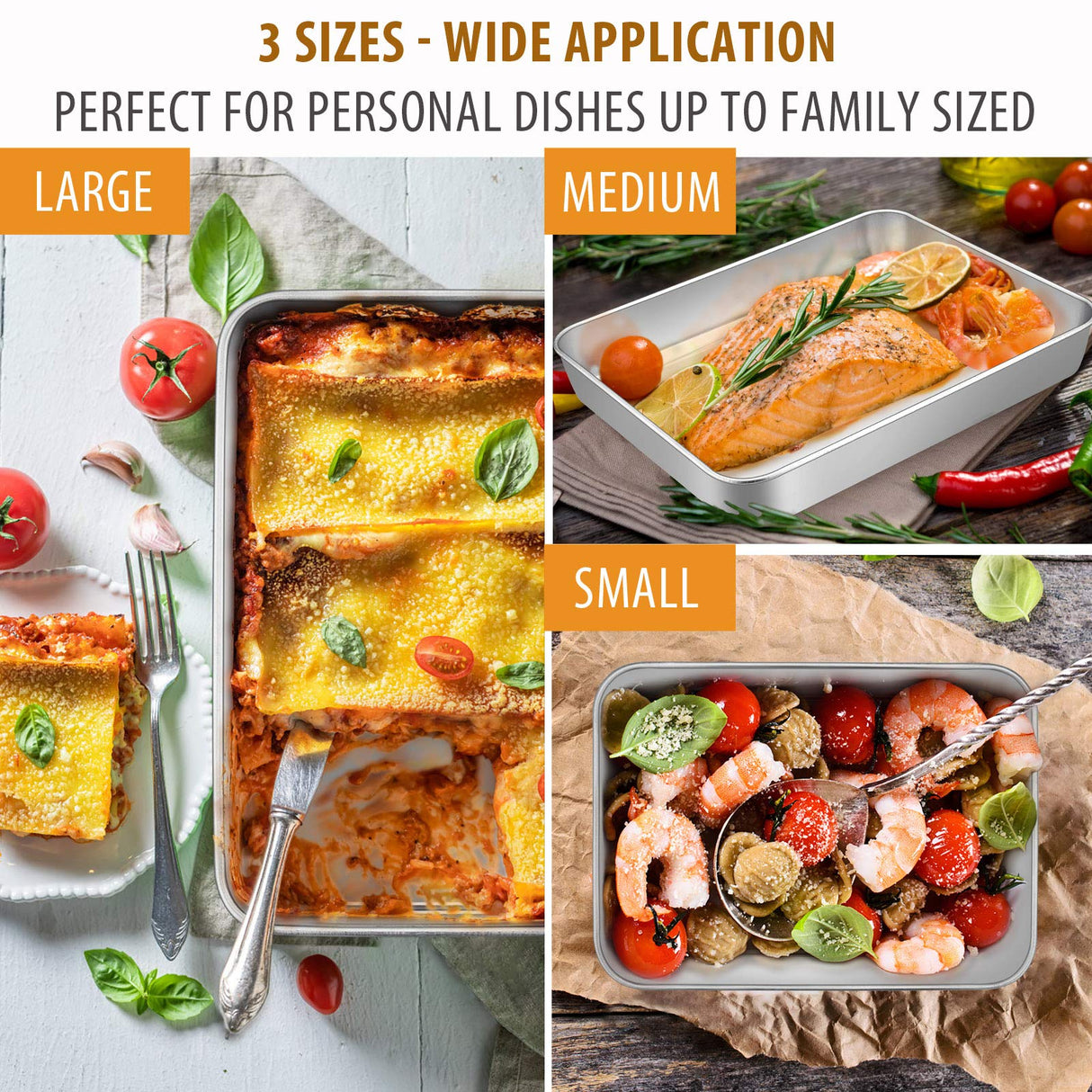 E-far Baking Pans Set of 3, Stainless Steel Sheet Cake Pan for Oven - 12.5/10.5/9.4Inch, Rectangle Bakeware Set for Cake Lasagna Brownie Casserole Cookie, Non-toxic & Healthy, Dishwasher Safe E-far