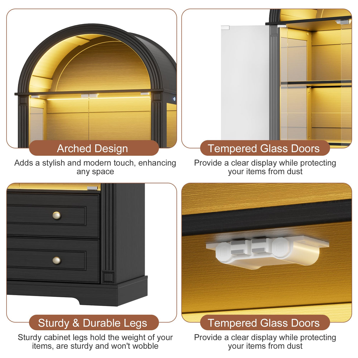 PAKASEPT 73'' Tall Arched Display Cabinet with Glass Doors,4-Tier Curio Cabinet with LED Lights for Collectibles Bookcase,Farmhouse Bookshelf China Storage Kitchen Pantry for Living Room,Black PAKASEPT