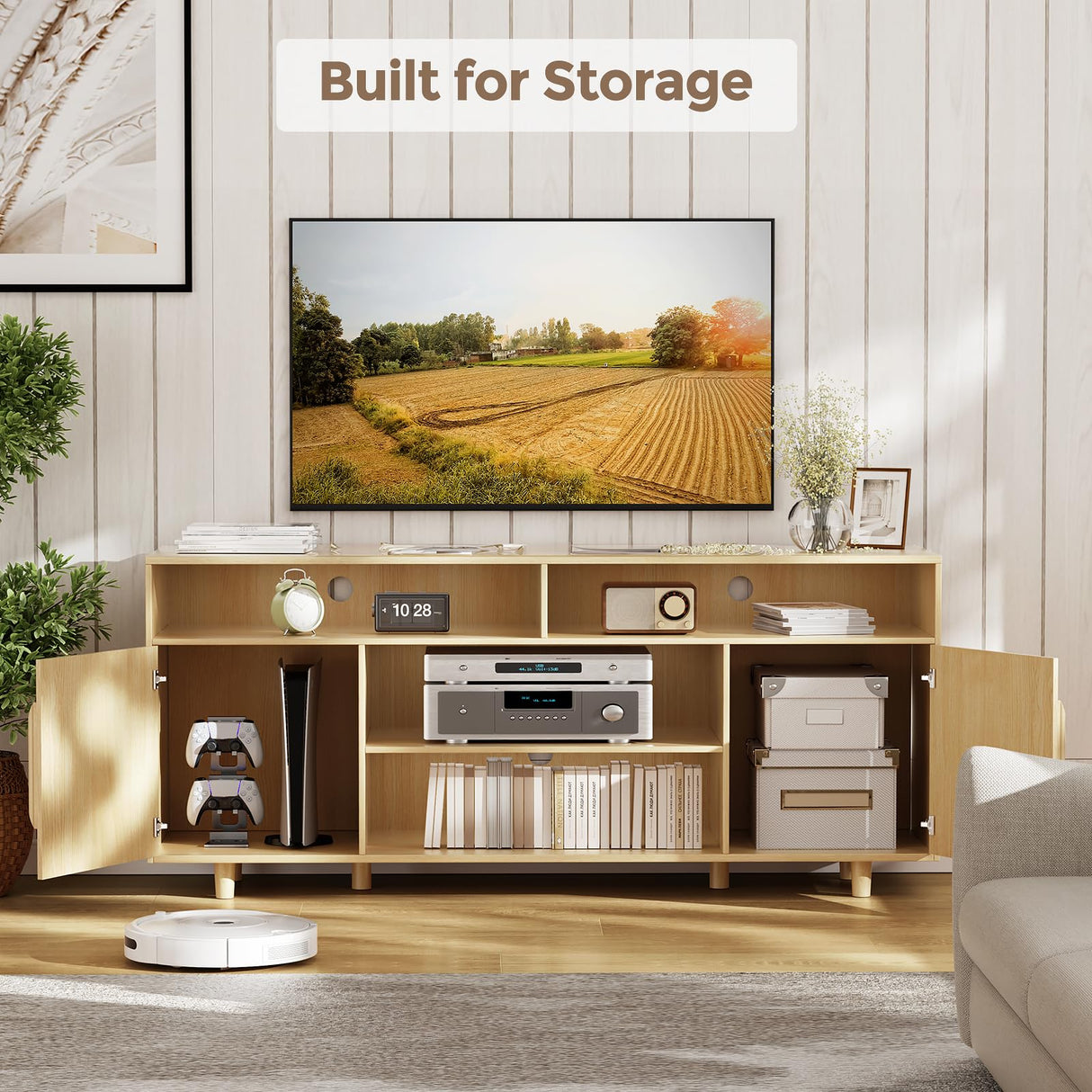 AntsandAnts TV Stand for 70 Inch TV, Fluted Modern Entertainment Center with Storage, Media Console Cabinet w/Adjustable Shelves & Doors, Wood TV Stands for Living Room, Bedroom, Natural Oak AntsandAnts