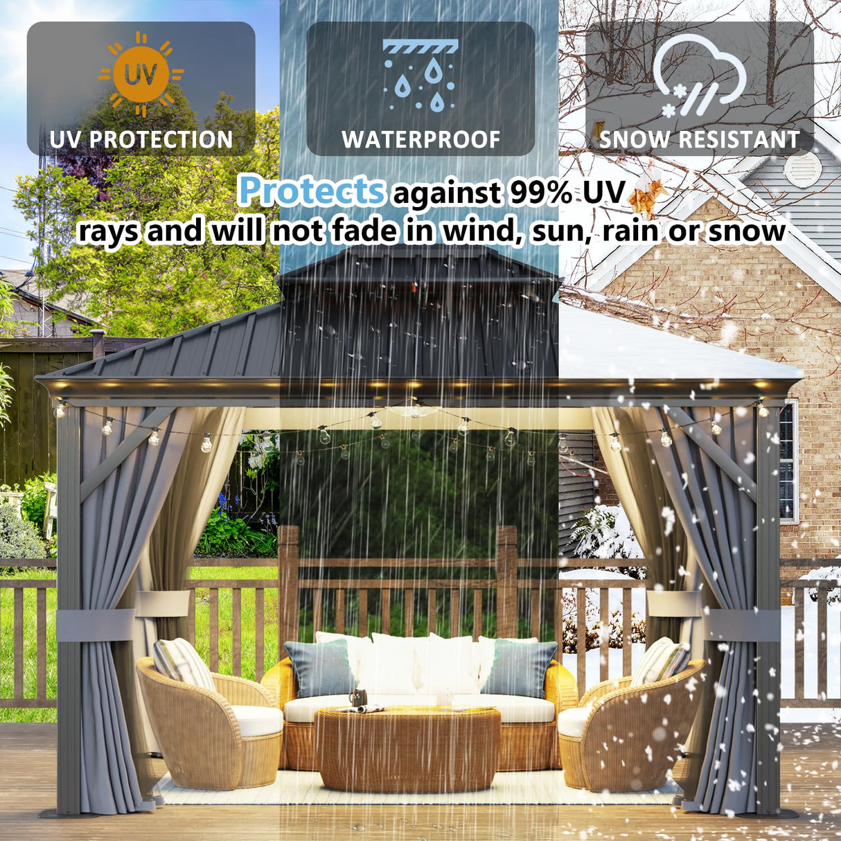 Aoxun 10' x 12' Hardtop Gazebo, Galvanized Steel Dual-Layer Roof, Permanent Aluminum Gazebo, Outdoor Metal Pergolas with Curtains and Netting, for Lawns, Parties, Gardens, Decks, Patios Aoxun