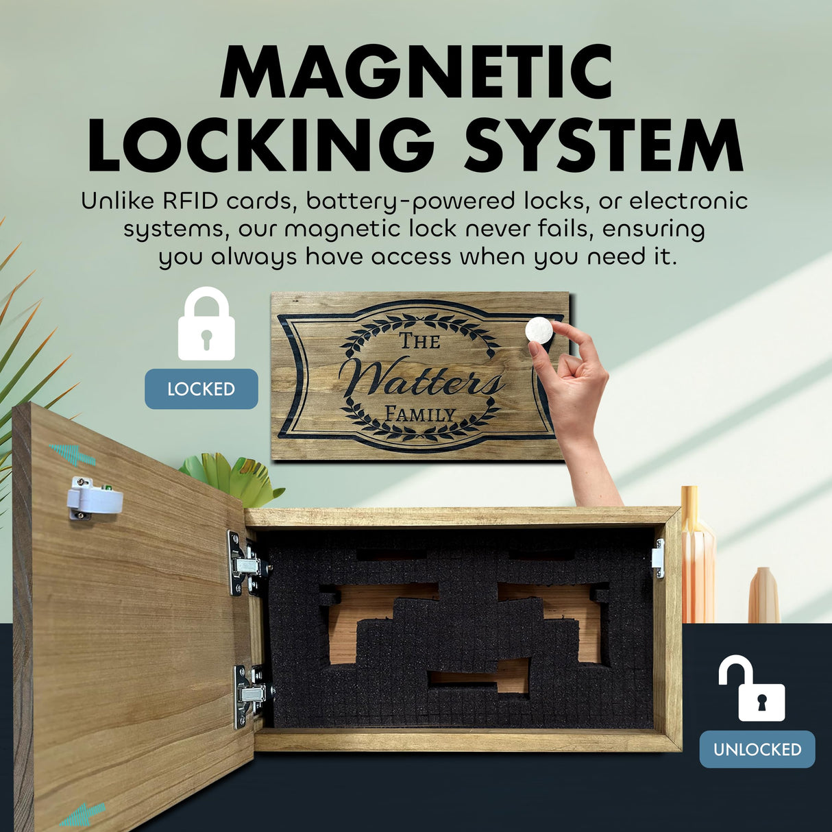 Customizable Family Name Concealment Shelf - Handcrafted Hidden Gun Safe with Magnetic Lock - Quick Access Gun Concealment Decor - Custom, Laser Engraved Wood Gun Cabinet By Bellewood Designs Bellewood Designs