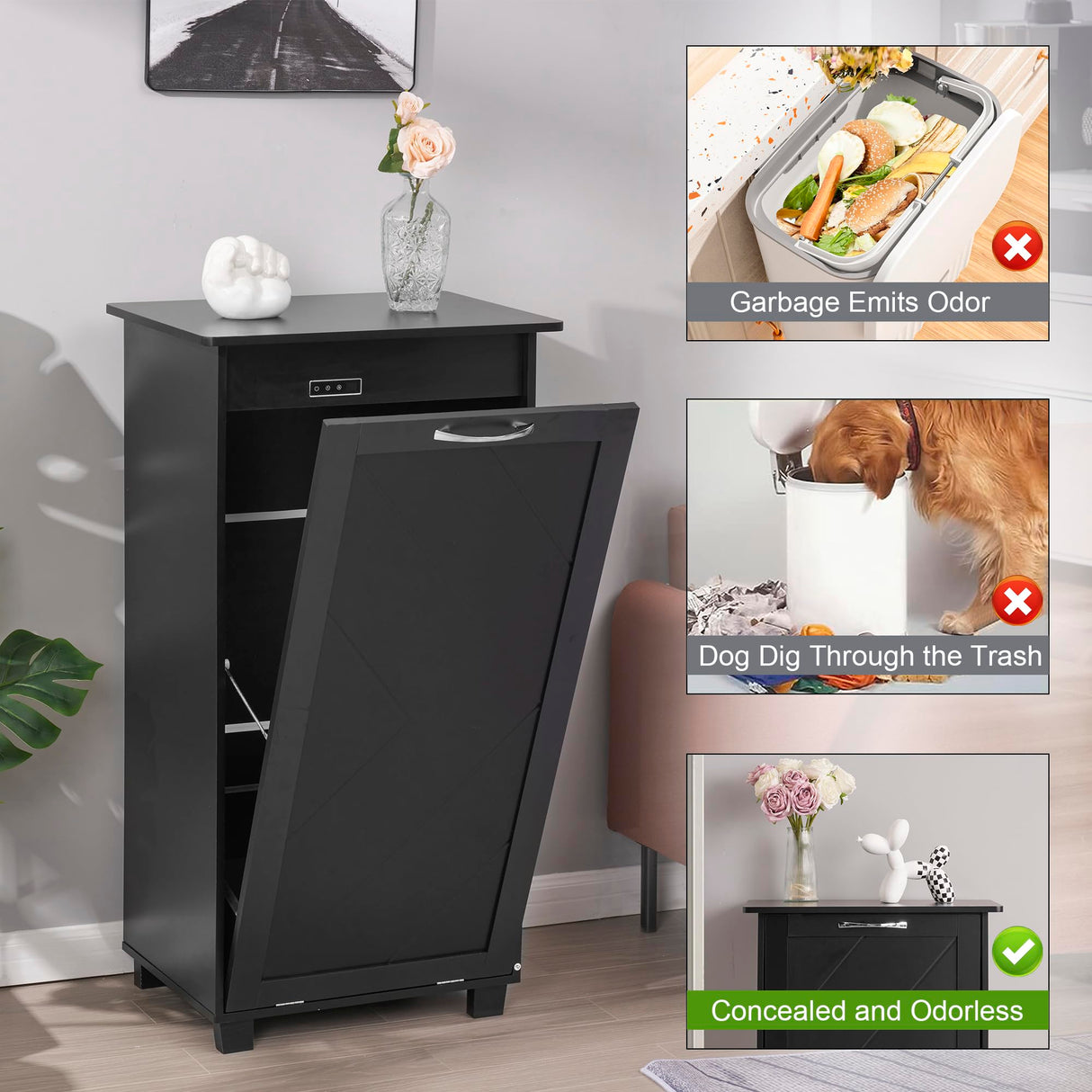 VECELO Tilt Out Kitchen Trash Bin Cabinet, Dog Proof Garbage Can with Wood Holder Free Standing Recycling, Black VECELO