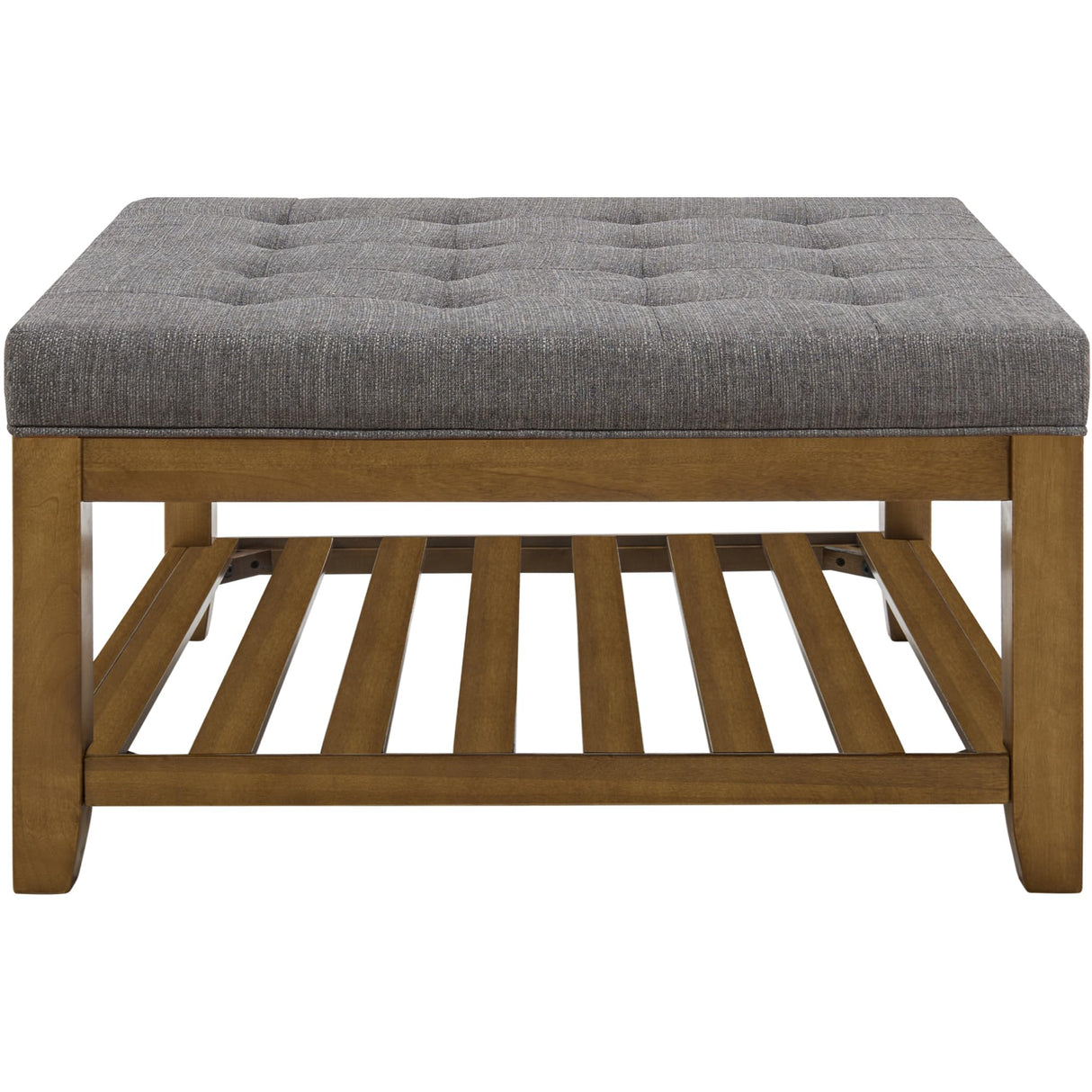 Befurtori Upholstered Coffee Table Tufted Linen Large Square Ottoman with Beech Wood Shelf and Frame, Oversized Footrest Ottoman for Living Room, Granite Befurtori