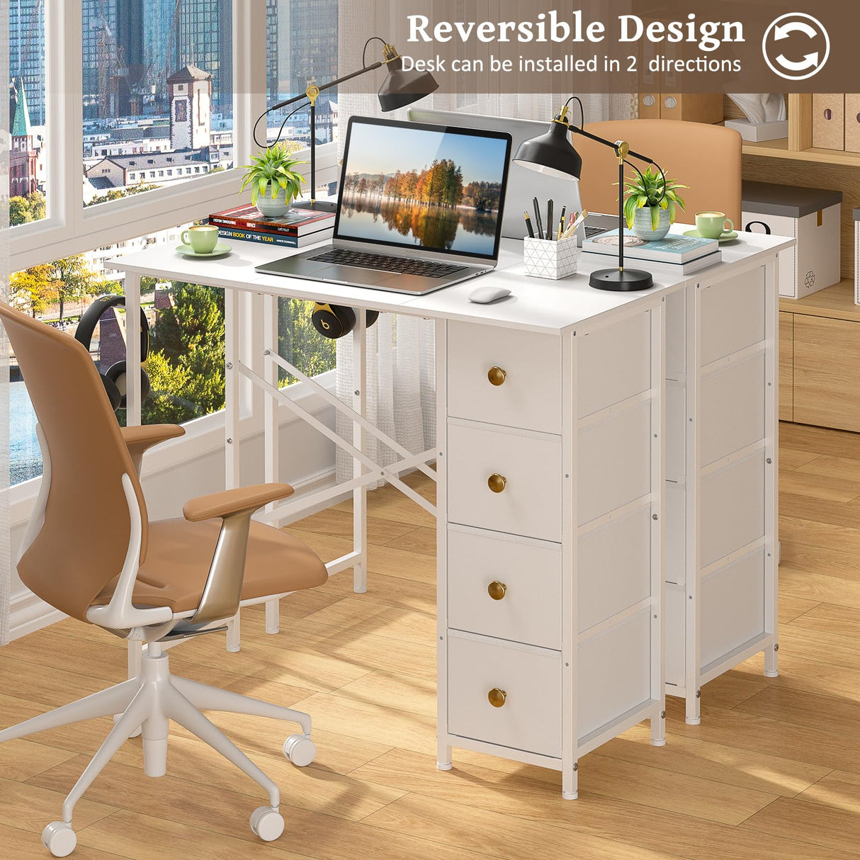 DAOUTIME Small Writing Desk with 4 Fabric Drawers, 35.4 Inch Computer Desk for Home Office, Simple PC Desk for Small Places, Kids Girls Teen Study Table for Bedroom Dorm, White DAOUTIME