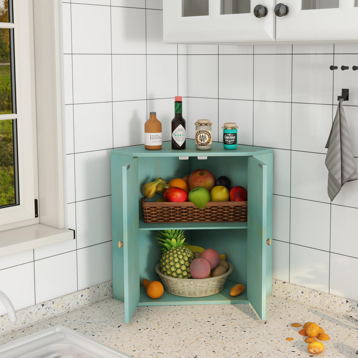 Trironsun Corner Bread Box for Kitchen Counter Double Layer Bamboo Bread Storage Container Large Capacity Bread Storage Bin Farmhouse Breadbox Organizer (Antique Blue) Trironsun