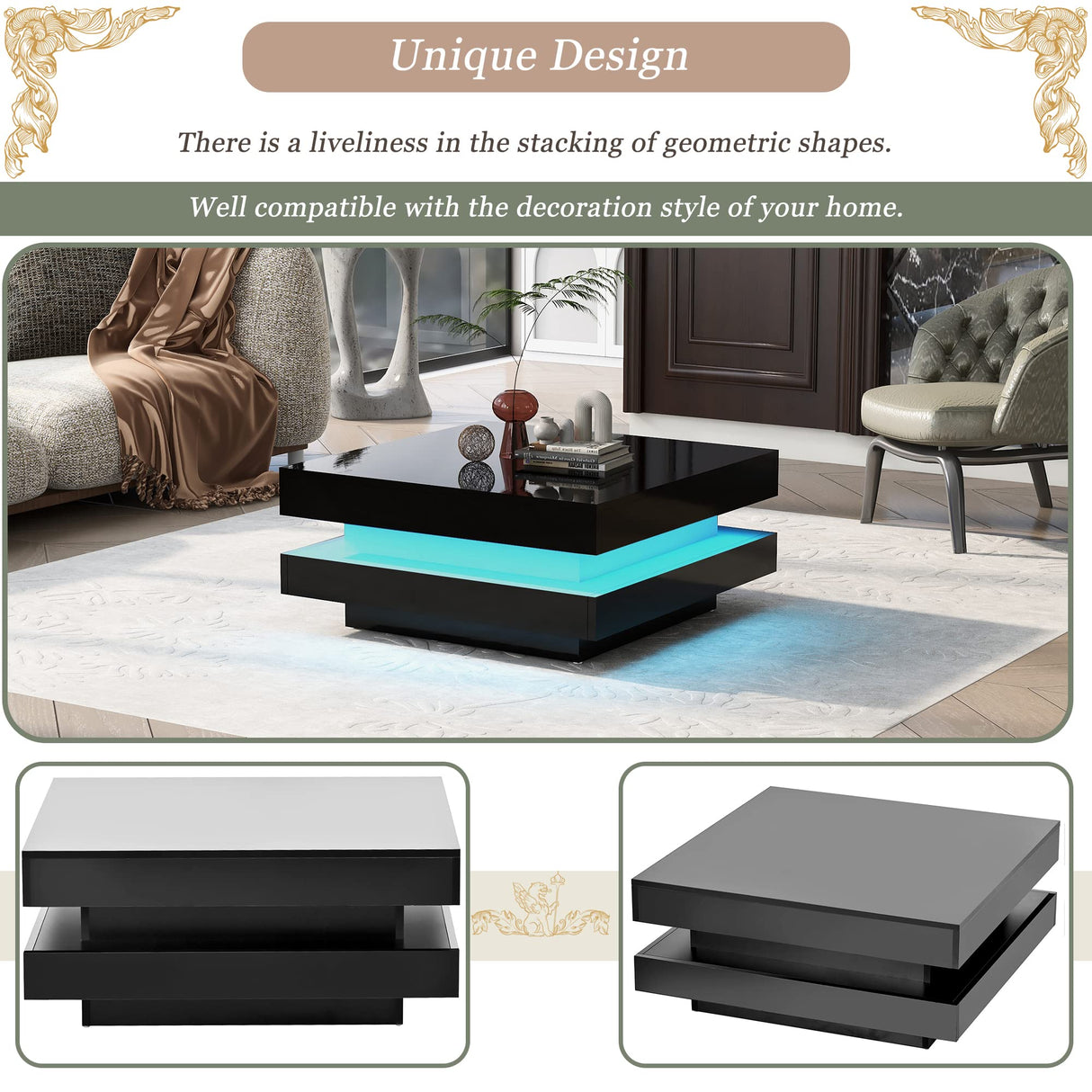 Modern Coffee Table, 2-Tier Square Coffee Table with Plug-in 16-Color LED Lights, High Gloss Coffee Table, Center Table for Living Room, 31.5”x31.5”x14.2”, Black Bellemave