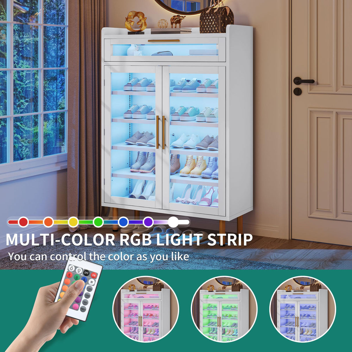 YITAHOME Shoe Cabinet Entryway, Modern Shoe Storage Wooden with Drawer and LED Lights, Freestanding Shoe Organizer Narrow Farmhouse Shoe Cabinet for Living Room, White-LED YITAHOME