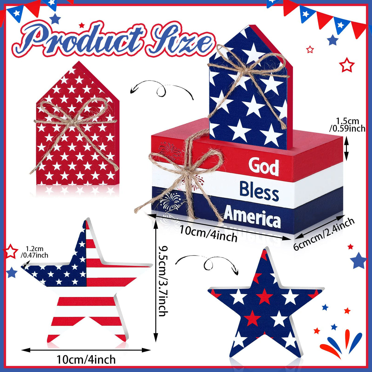 Blulu 5 Pcs Patriotic Table Decor Memorial Day Decorations 4th of July Tiered Tray Decor Wooden Star Sign God Bless America Faux Book Bundle for Independence Labor Day Home Tabletop Bookshelf Blulu