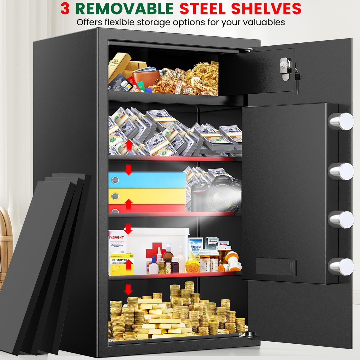 8.1 Cuft Large Home Safe Fireproof Waterproof, Home Safe Box With Fireproof Waterproof Bag, Combination Lock and Inner Cabinet, Anti-Theft Alert, Mute Mode, Document Safes For Home Business Office GHJGAGE