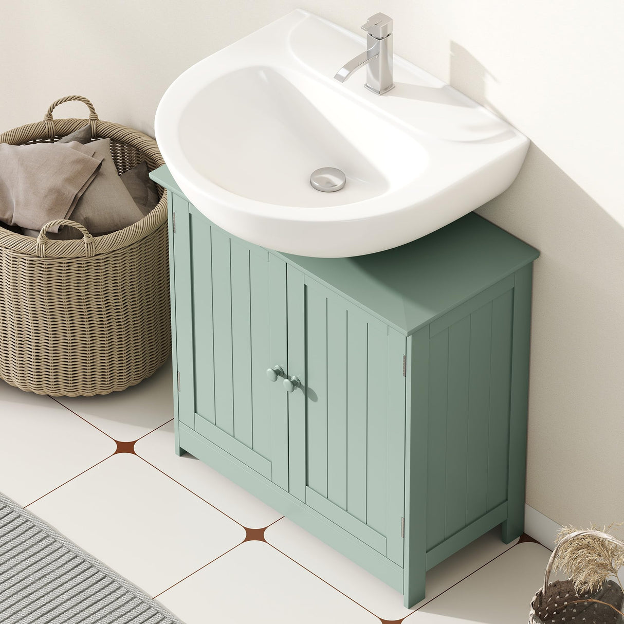 HOMCOM Under Sink Bathroom Cabinet, Pedestal Sink Storage Cabinet with 2 Doors, Shelf and U-Shape, Dark Green HOMCOM