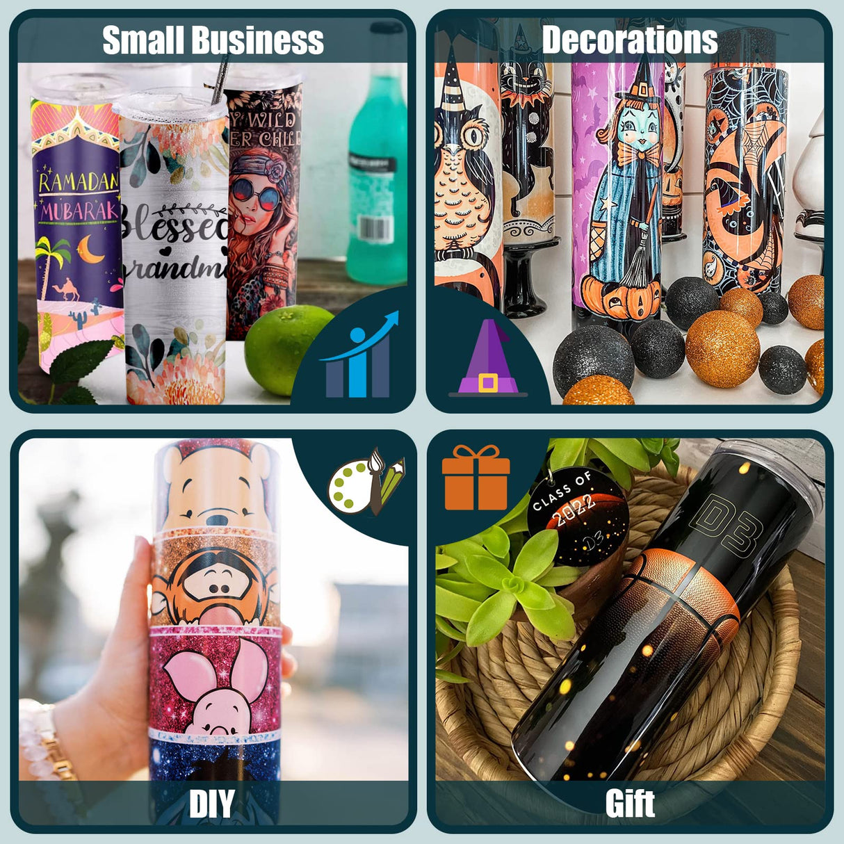 ROTERSTEIN 8 Pack 20 oz Sublimation Tumbler Set Double Walled Stainless Steel Skinny Straight Blank Tumbler Bulk with Lid, Straw, DIY Stickers Shrink Wrap, Rubber Base for Heat Transfer Heat Press ROTERSTEIN