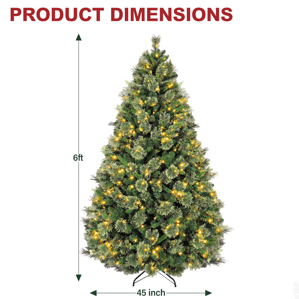 Hykolity 6 ft Prelit Christmas Tree, Artificial Christmas Pine Tree with 350 Warm White LED Lights, 1016 PVC Branch Tips & Needles, Metal Stand and Hinged Branches hykolity