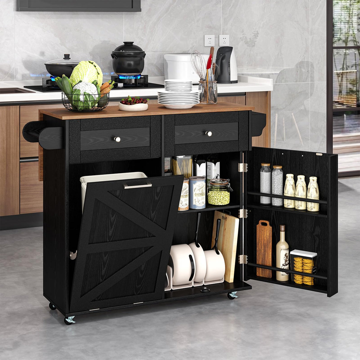 Giantex Kitchen Island Cart with Hidden Tilt Out Trash Can Cabinet, Drop Leaf, 2 Drawers, Towel Rack, Rolling Mobile Breakfast Bar Table, Wood Kitchen Storage Cart on Wheels (Black & Natural) Giantex