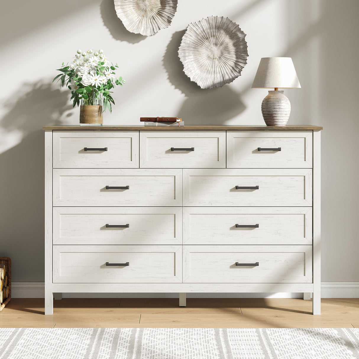 BAZELOR Farmhouse 9 Drawers Dresser for Bedroom, 37 Inch Tall Wood Rustic Wide Chest with Natural Texture, Large Dressers for Bedroom, Hallway, Entryway, Antique White BAZELOR