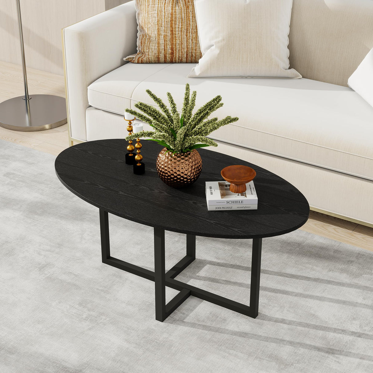 VERFARM Oval Coffee Table for Living Room, Center Table Tea Table with Metal Frame for Living Room Home Office, Small Space, Easy Assembly, Black VERFARM
