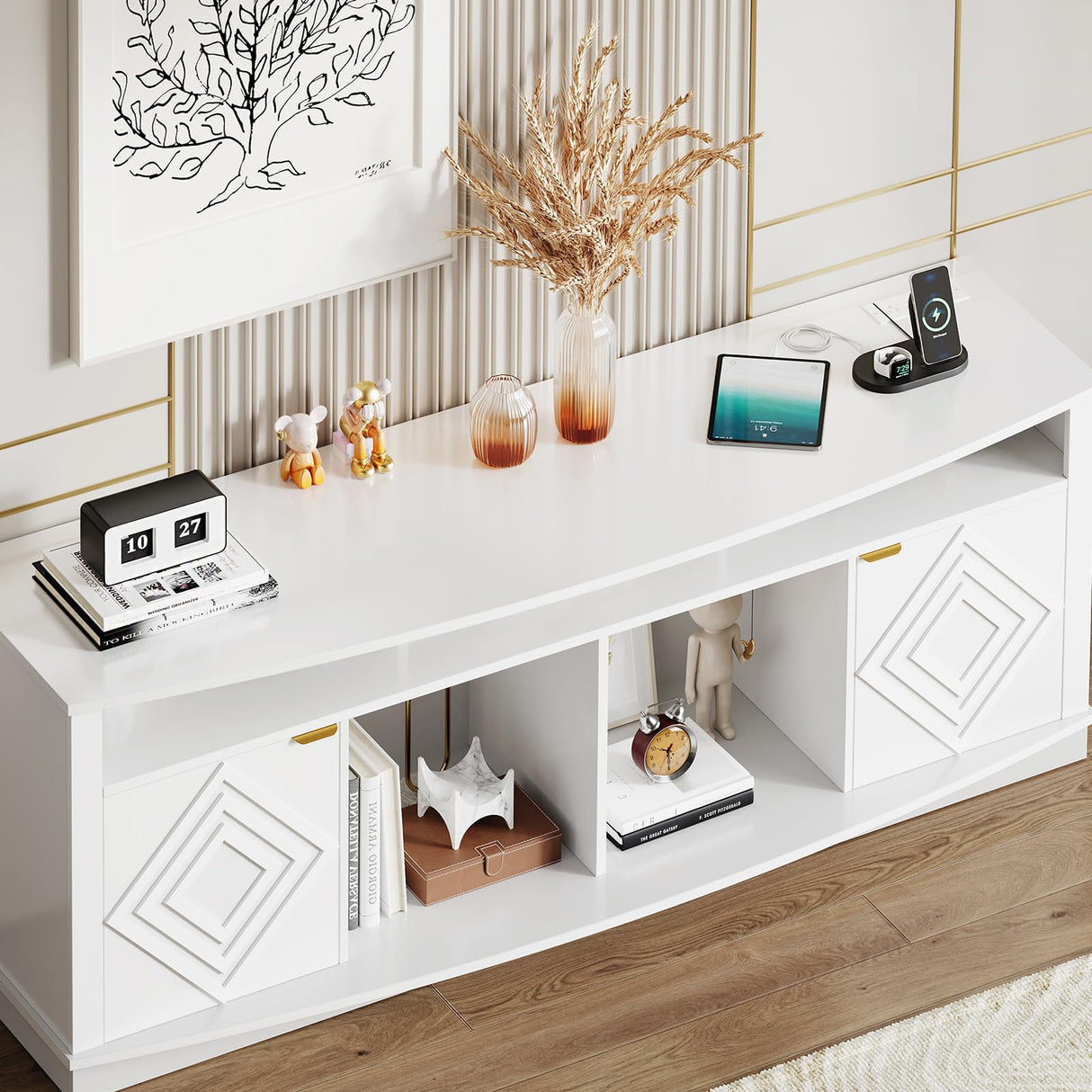 ONBRILL LED TV Stand for 80 Inch TV, Entertainment Center with Power Outlets, Modern TV Console Gaming Media Television Stands with Storage for Living Room, Bedroom, Gaming Room, 70 Inch, White ONBRILL