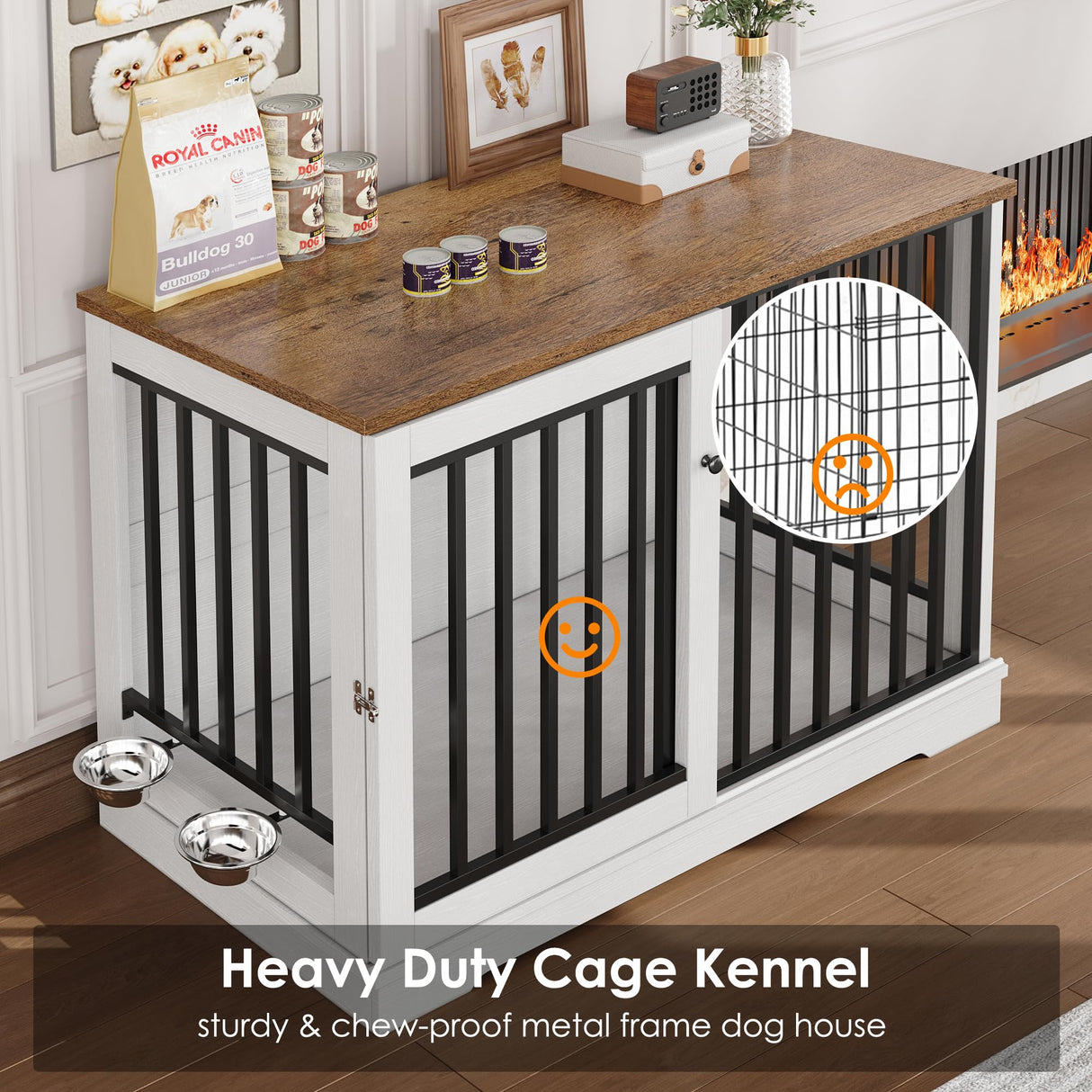 Dog Crate Furniture 47" Large Dog Kennel for Dogs Indoor, Heavy Duty Dog Cage with Sliding Door and 2 SUS Bowls Wooden End Table in Living Room for Small Medium Large Dogs, White TTVIEW