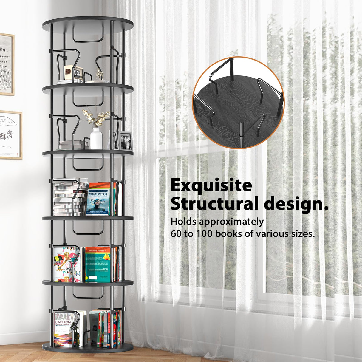 VYRIVA 5 Tier Rotating Bookshelf Tower, 360° Display Round Bookcase, Floor Standing Corner Revolving Bookshelf Organizer Storage Rack for Home Study Office, Small Spaces VYRIVA