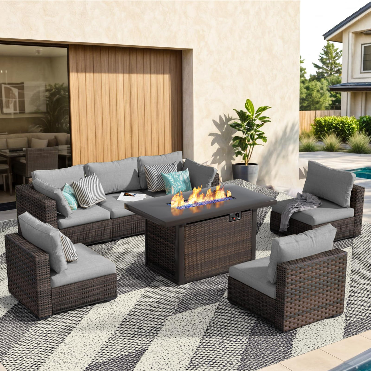 GREZJXC 7 Pieces Outdoor Sectional Patio Furniture Set with Fire Pit Table PE Rattan Wicker Patio Sectional Conversation Set with Cushion Grey GREZJXC