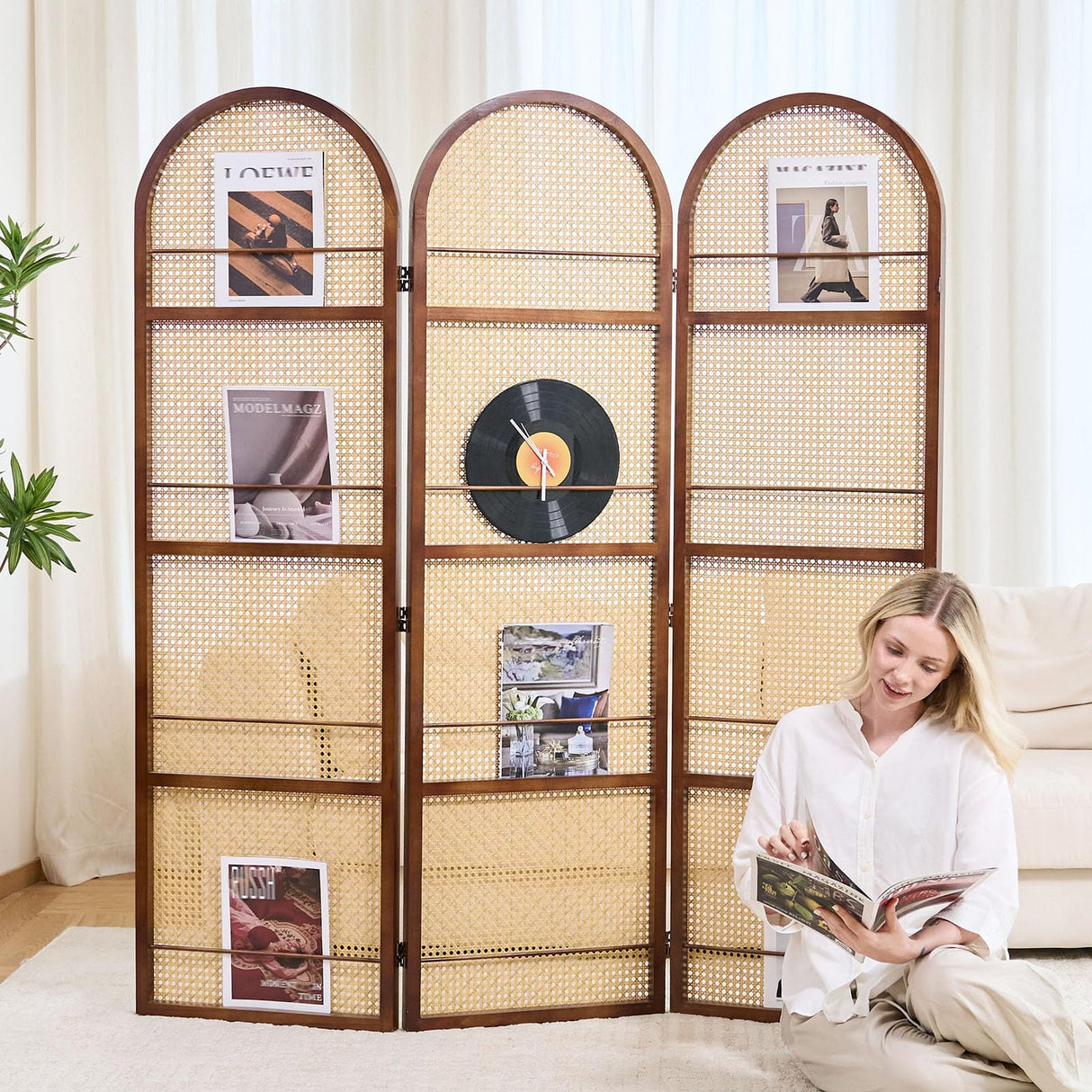 Rattan Room Divider with Bookshelf,Foldable Privacy Screen Partition,Wooden Frame,Natural Portable for Living Room,Bedroom Home,Office Reading Nook (Walnut, 3 Panels) Svimi