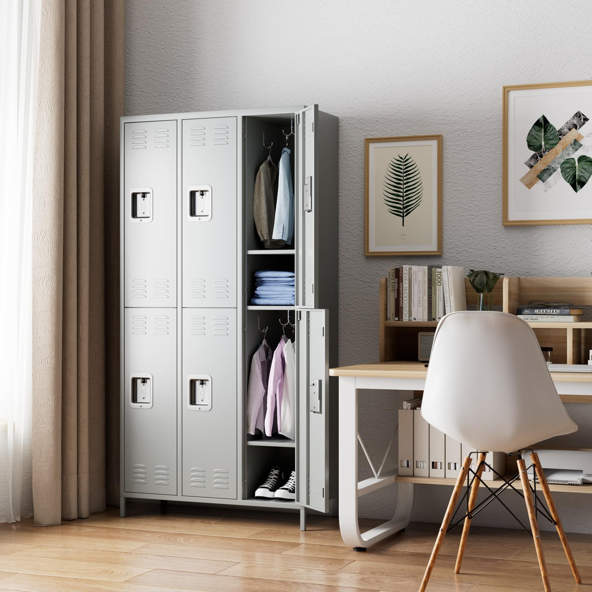SUXXAN 6 Doors Metal Locker Combination with 12 Hooks,Industries Double Tier Metal Storage Locker for School Office Gym Home Employees Staff Sundries Room W35.43*D15.7*H72(LIGHT GREY) SUXXAN