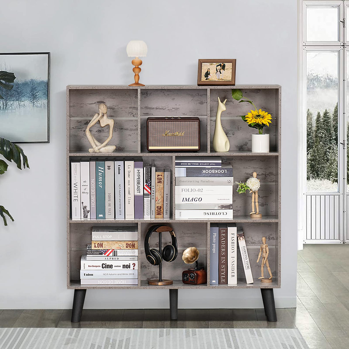 LEYAOYAO 8 Cube Bookshelf,3 Tier Bookcase with Legs,Modern Grey Mid-Century Bookshelves,Large Farmhouse Open Storage Organizer Shelf, Retro Wooden Display Book Case for Bedroom,Living Room,Office LEYAOYAO