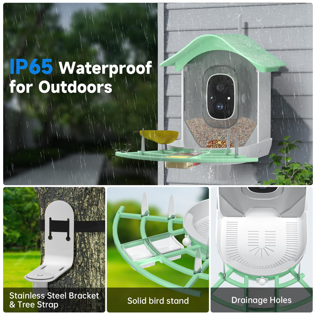 Bird Feeder with Camera, Smart AI Bird Breed Recognition, 1080P Bird Watching Camera with Solar Panel, Auto Capture Bird Videos & Instant Notifications, Ideal Gift for Bird Lover Green DOCOON